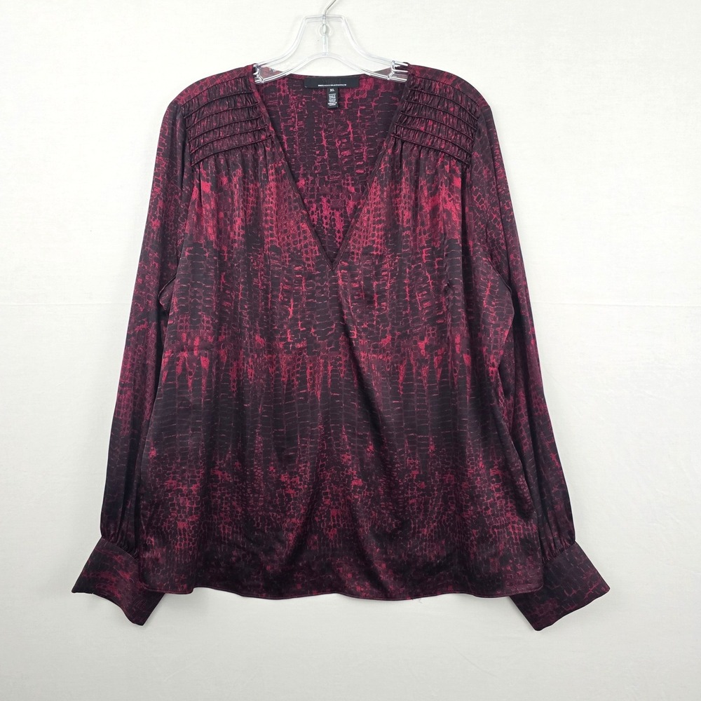 White House Black Market Long Sleeve‎ V-Neck Print Women Shirt Red Black XL
